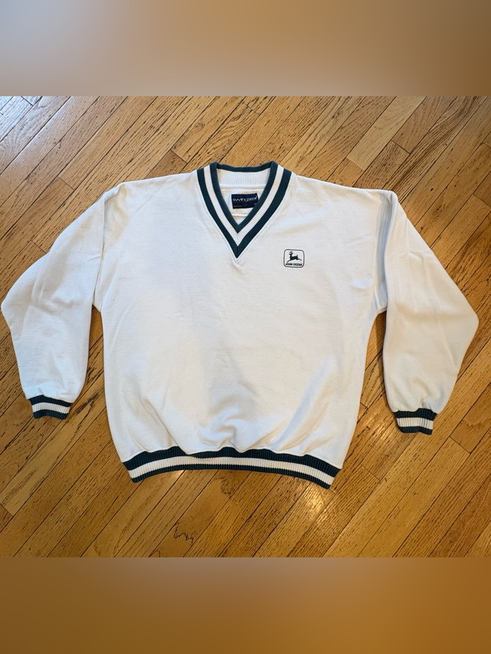 Vintage John Deere White V-Neck Sweater with Green Trim - Men's